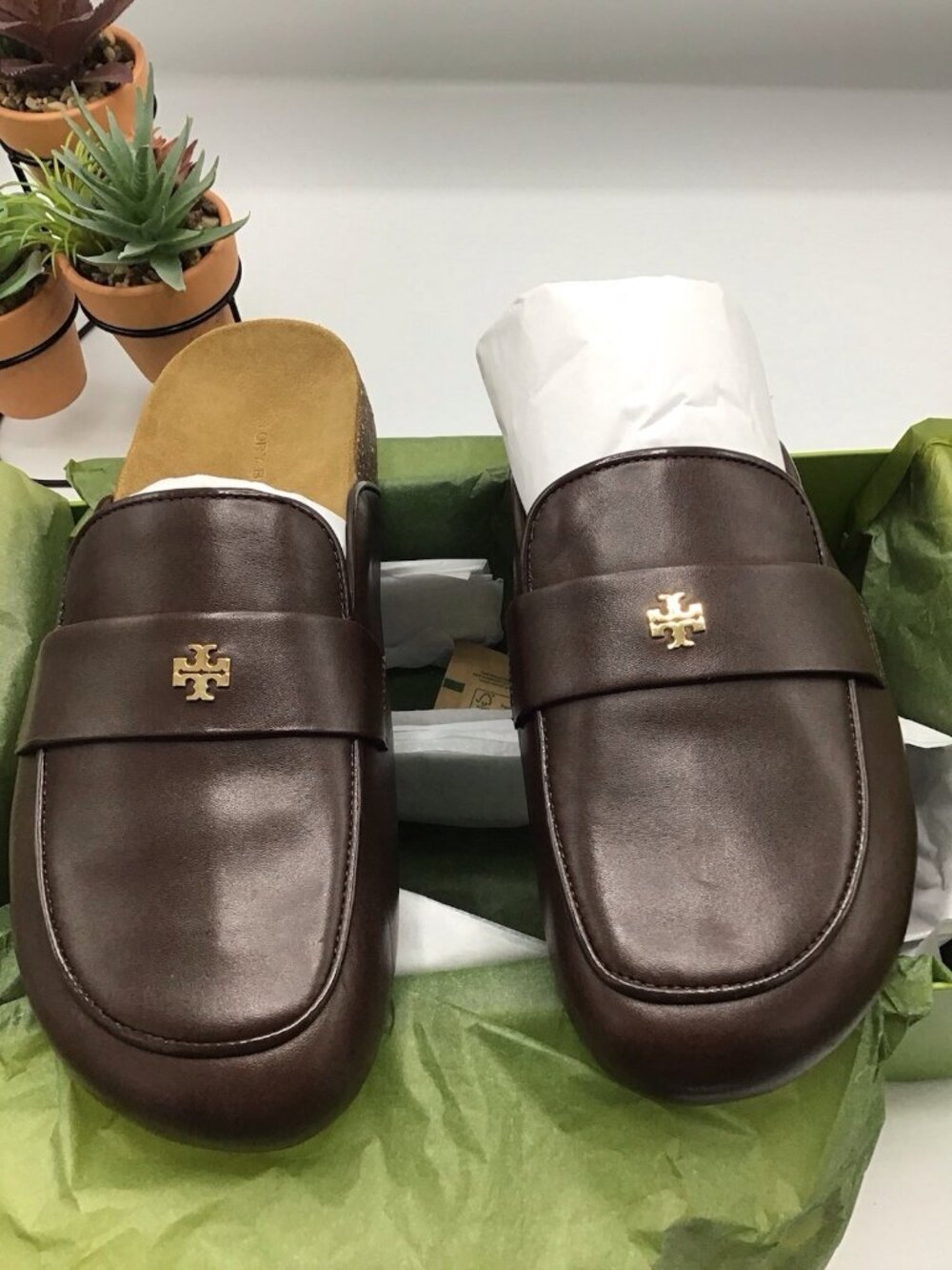 TORY BURCH Brown leather mule Everly cork shoes size 7.5/$ 350